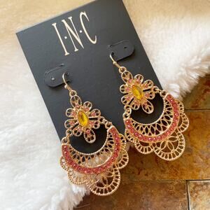 INC Filigree Drop Earrings Gold Tone Yellow Pink Rhinestones New